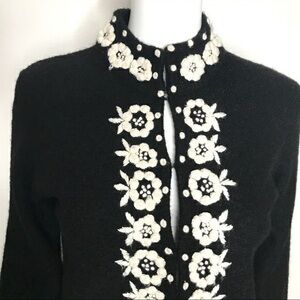 Kenar Black Cardigan with White Floral Embroidery 100% Wool